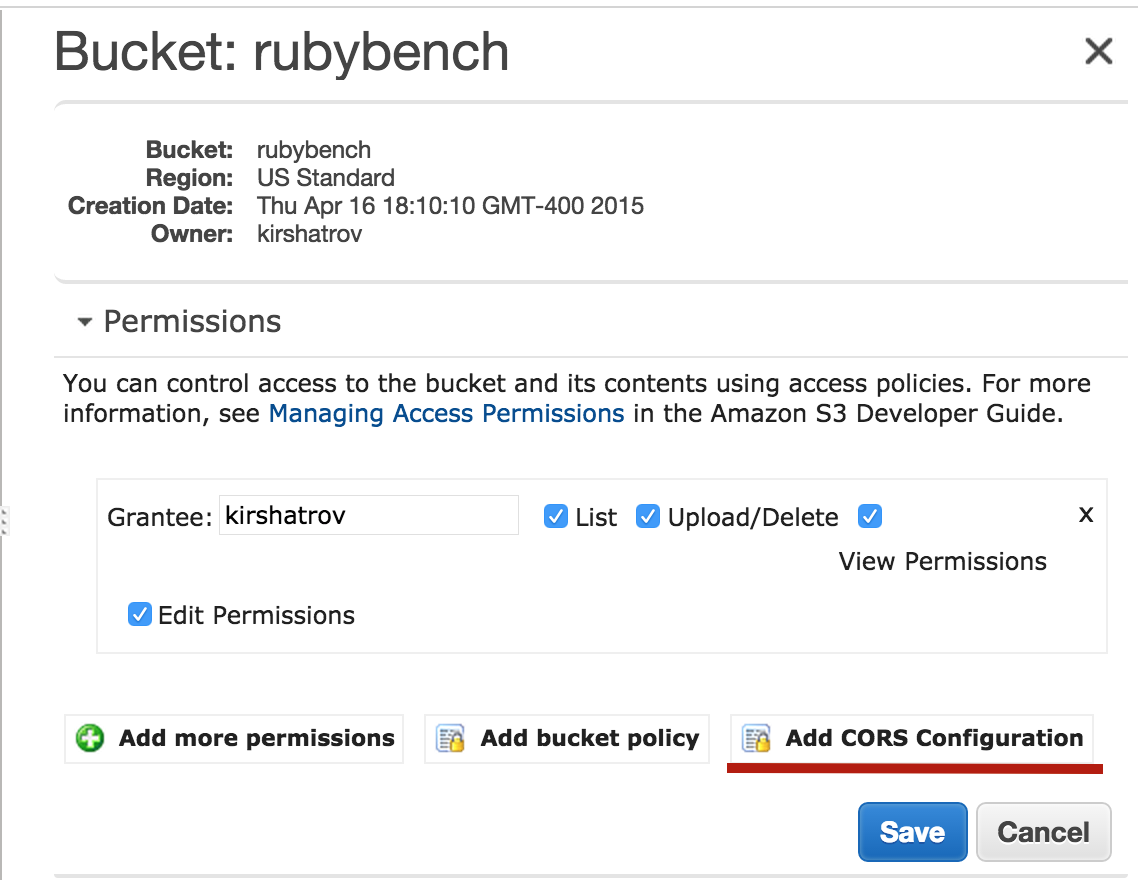 AWS S3 CORS button